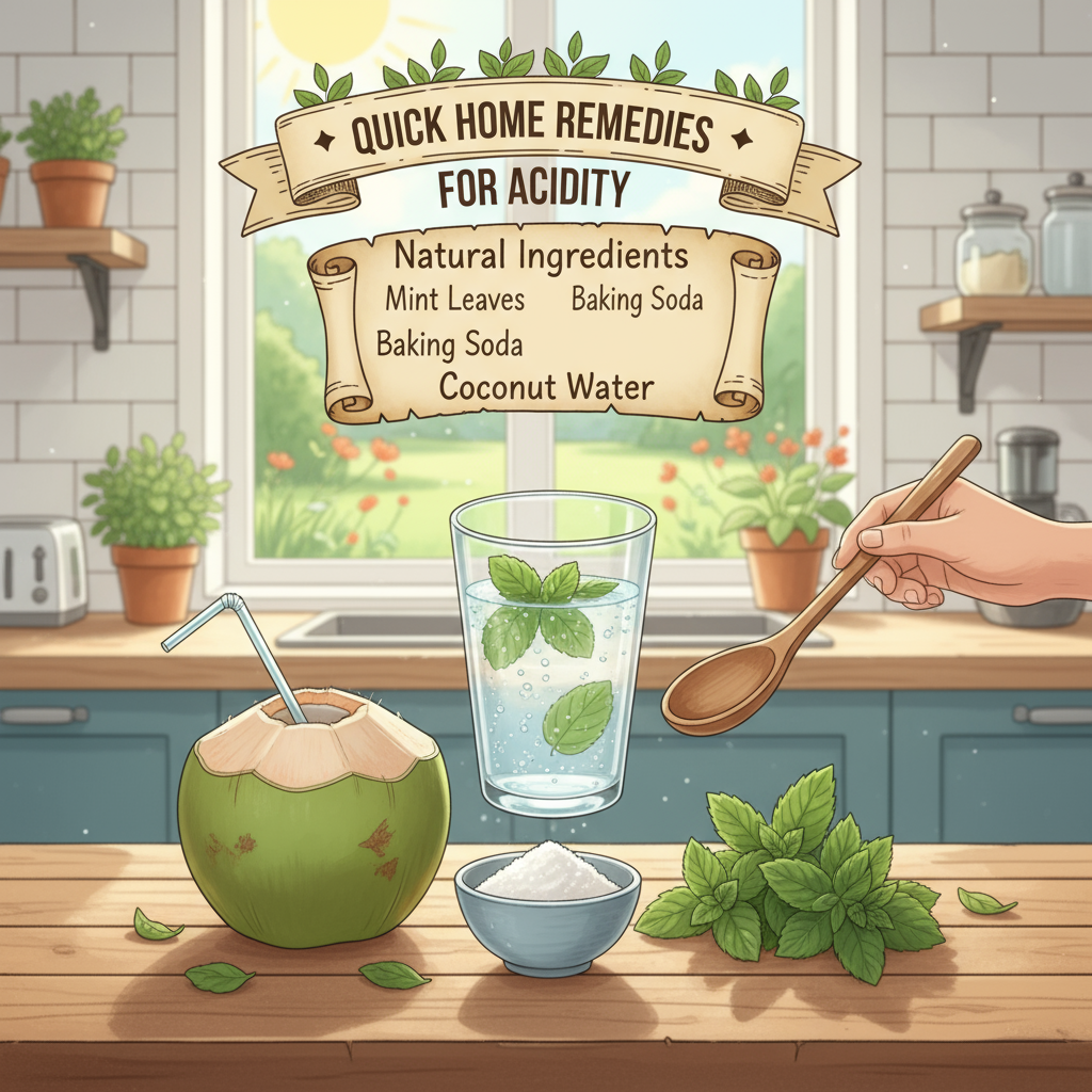 Quick home remedies for acidity including mint leaves, baking soda, and a glass of coconut water illustrated with fresh herbs and kitchen elements.