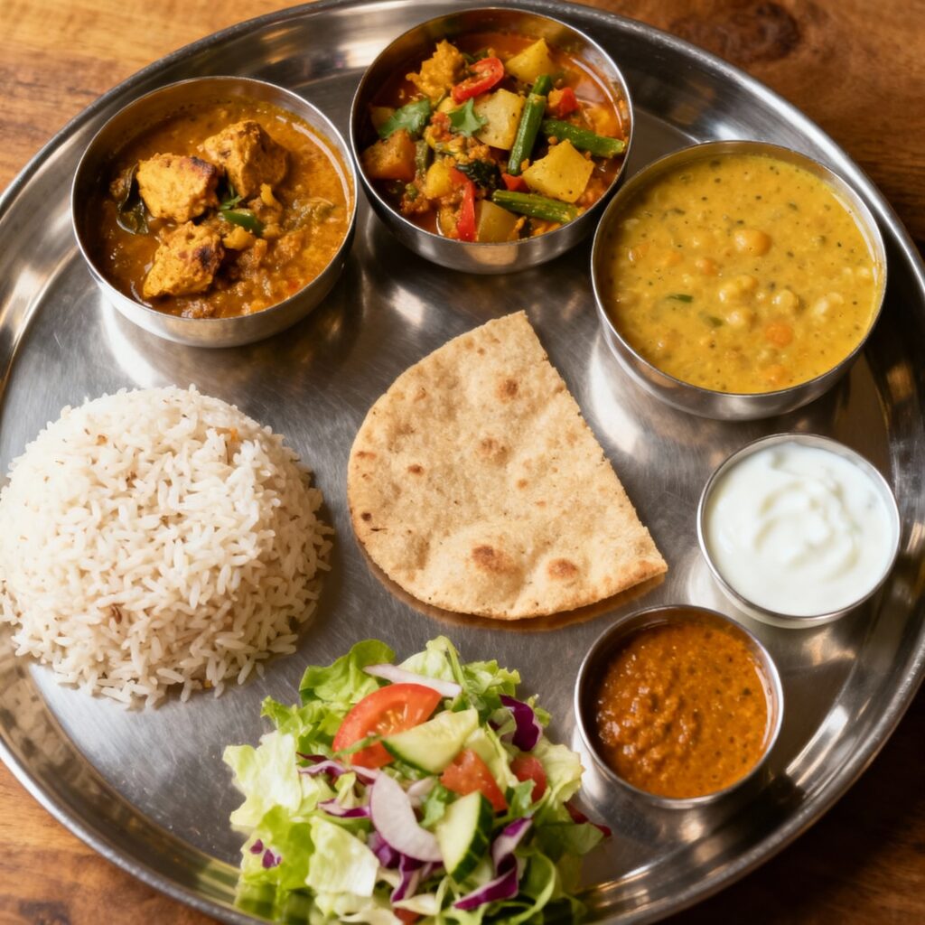 Balanced Indian thali with roti, rice, dal, two sabzis, salad, curd, and chutney, all neatly arranged on a steel plate(see the generated image above).