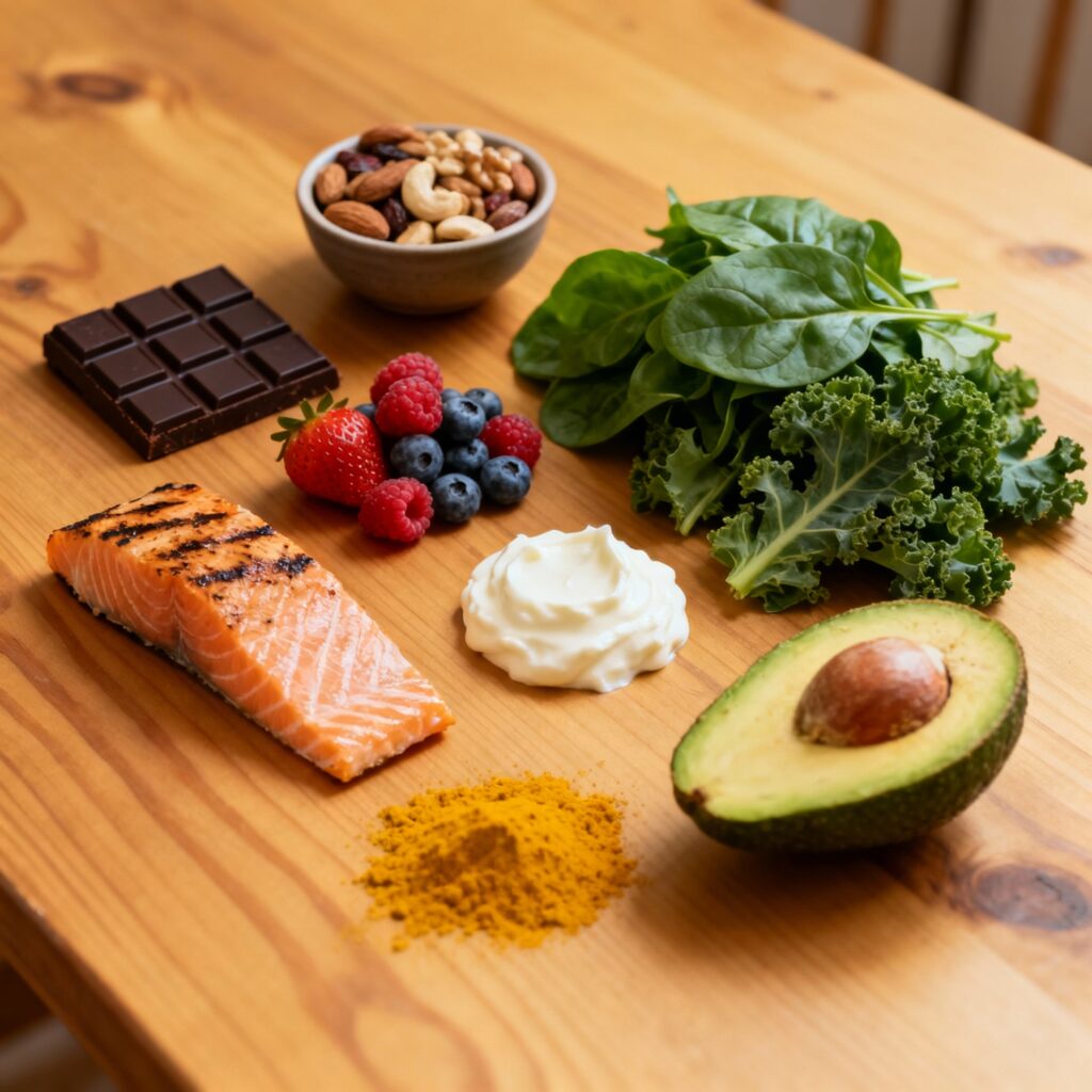 Mood-boosting foods: dark chocolate, nuts, berries, leafy greens, salmon, yogurt, turmeric, and avocado on a wooden table(see the generated image above).
