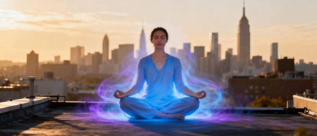 "Person seated cross-legged in a lotus meditation pose on an urban rooftop, surrounded by a calming blue aura with a city skyline in the background, symbolizing inner peace and mindfulness amidst the city's hustle and bustle