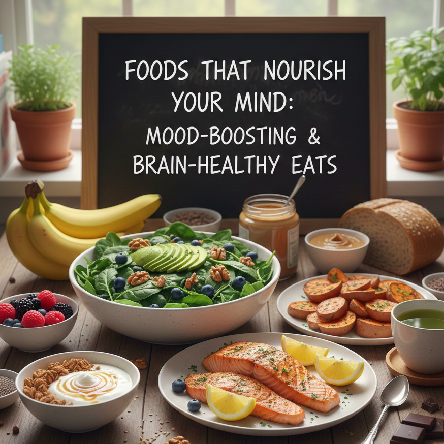 Healthy foods like fruits, nuts, leafy vegetables, fish, and whole grains that support brain health and improve mental well-being