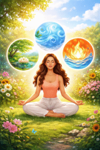 A woman meditating peacefully in nature with glowing elements representing Vata, Pitta, and Kapha doshas in Ayurveda.